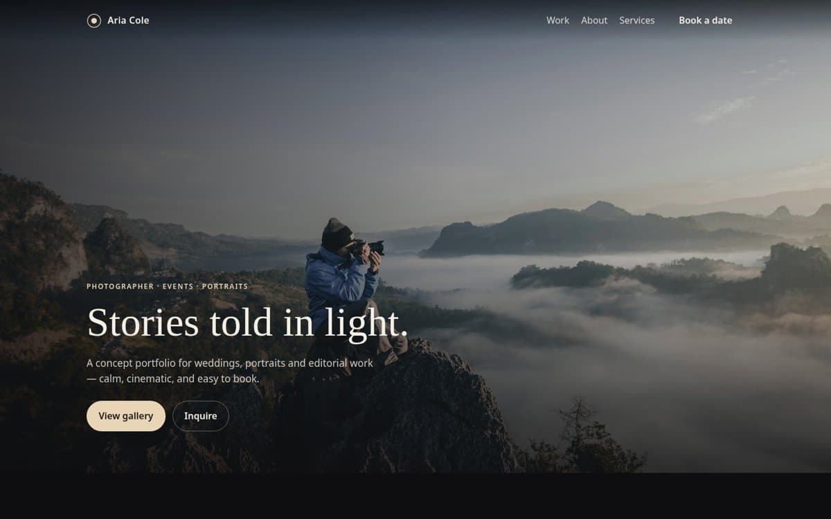 Aria Cole Photography concept website design by ENZORA